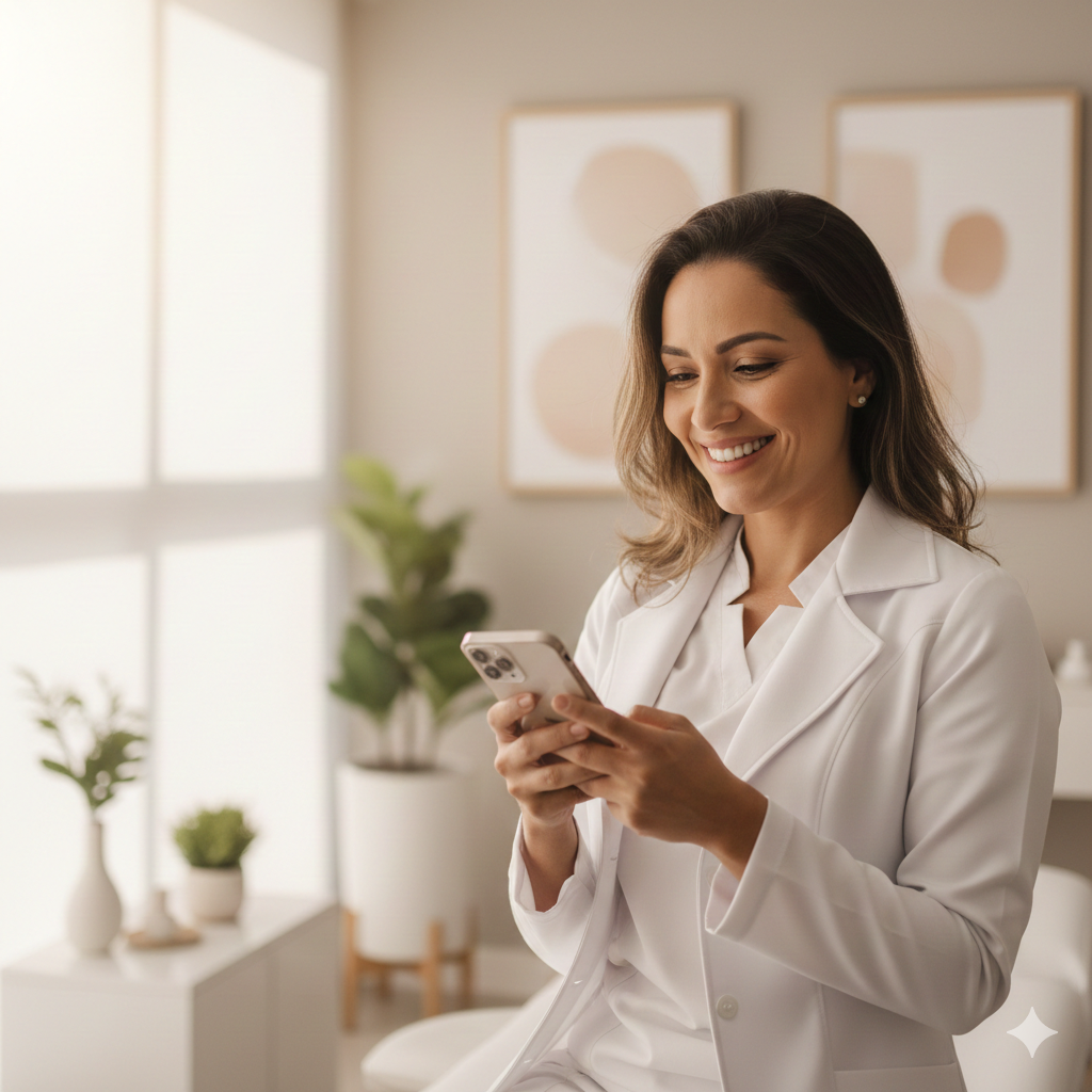 Esteticista feliz vendo novos leads no celular